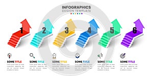 Infographic template with icons and 6 options or steps. Staircase