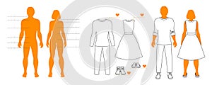 Infographic template of man and woman silhouettes with pointers and clothes contour. Isolated layout for shopping