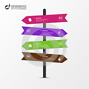 Infographic template of multidirectional pointers on a signpost