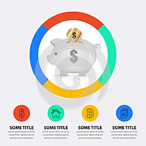 Infographic template. A piggy bank for savings with pie for diversification