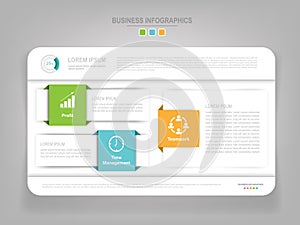 Infographic template of three parts on work sheet, tag banner, work sheet, flat design of business icon, vector such as profit,