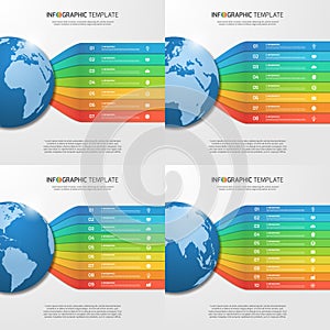 Infographic templates with globe with 7, 8, 9, 10 options, parts