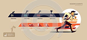 Infographic Timeline Businessman run elements diagram template for business. successive Steps Modern roadmap with man, flat vector