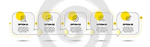 Infographic timeline with icons and 5 steps. Options process with numbers. Presentation timeline, arrow path. Vector