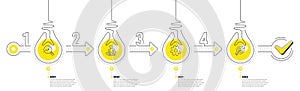 Infographic timeline with lamp light bulbs and icons. 4 steps idea journey path of business project process. Vector
