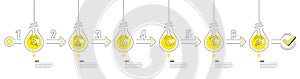 Infographic timeline with lamp light bulbs and icons. 6 steps idea journey path of business project process. Vector