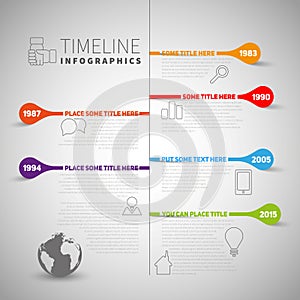 Infographic timeline report template with company or life milestones, icons, years and color buttons, vector style