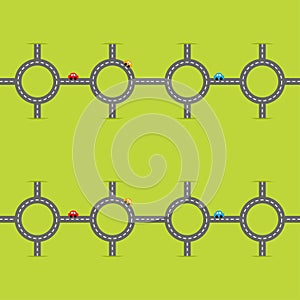 Infographic timeline template. Road white marking and cartoon cars. Circle round crossroad set. Design element. Green grass backg