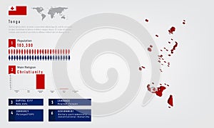 Infographic of Tonga map there is flag and population, religion chart and capital government currency and language, vector