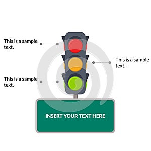 Infographic traffic light signal and green sign in Cartoon with symbol in yellow, red, and green color. stop, warning, and go sign
