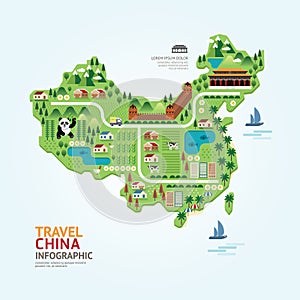 Infographic travel and landmark china map shape template design.