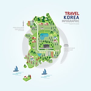 Infographic travel and landmark korea map shape template design.