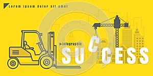 infographic Vector creative illustration of success text forklift city building crane on yellow background. concept. Thin line ar