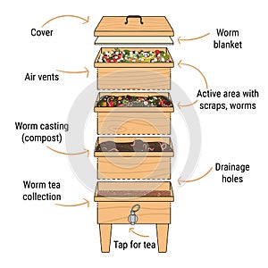 Infographic of vermicomposting. Components of vermicomposter. Vermicomposter schematic design. Worm composting. Recycling organic