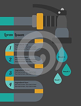 Infographic water hose, head nozzle and water drops