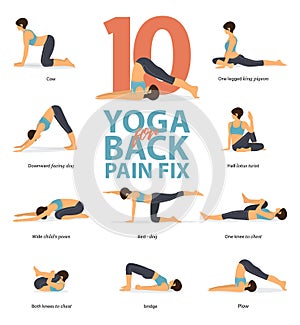 Infographic of 10 Yoga poses for back pain relieve in flat design. Beauty woman is doing exercise for back strength. Vector. photo