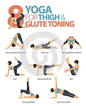 8 Yoga poses or asana posture for workout in thigh & glute toning concept. Women exercising for body stretching. Vector photo