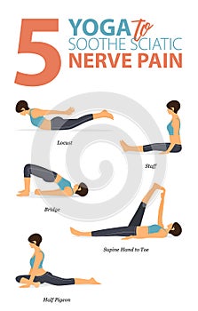 5 Yoga poses for workout in soothe sciatic pain concept. Woman exercising for body stretching. Yoga posture or asana for fitness. photo