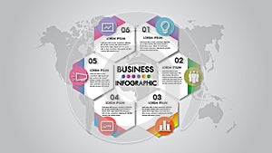 Infographics 6 steps business vector illustration organization chart with icon. Template for brochure, business, web design.