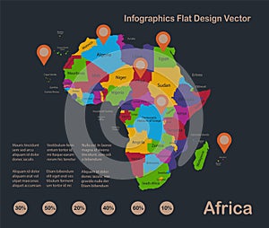 Infographics Africa map, flat design colors, with names of individual states and islands,  blue background with orange points