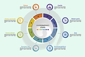 Infographics with Amusment Park theme icons, 10 steps. Such as focus, chain carousel, ferris wheel, bumper car and more.