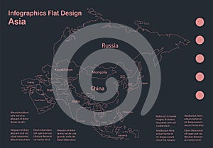 Infographics Asia map outline, flat design, color blue