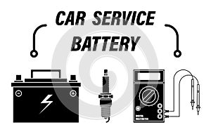 Infographics, car repair service. Digital multimeter, tester. Car battery charge measurement. Automotive spark plug. Set of vector