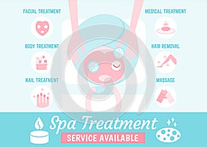 infographics cartoon character about spa treatment type and services available
