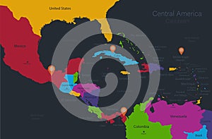 Infographics Central America and Caribbean Islands map, flat design colors, states and island with names, blue background with