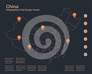 Infographics China map outline, flat design, color blue orange