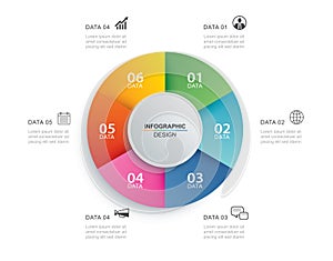 Infographics circle timeline with 6 number data template. Vector illustration abstract background