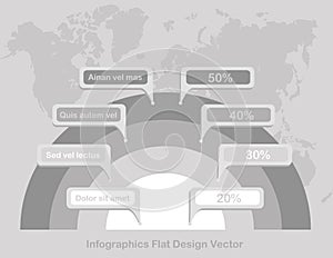 Infographics circles on world map in background paper white grey