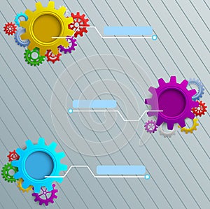Infographics with colorful gears on the grey wooden background