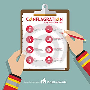 Infographics of conflagration report data in flat design. Icon set for property or real estate insurance. Vector.