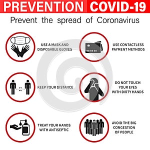 Infographics of coronavirus prevention banner template. Wash your hands, do not touch your face, disinfect and stay at home. Outbr