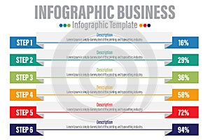 Infographics creative concept, business info templates option, data label plan with Six 6 Steps, Six 6 option ribbon