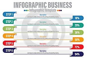 Infographics creative concept, business info templates option, data label plan with Six 6 Steps, Six 6 option ribbon