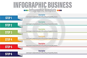 Infographics creative concept, business info templates option, data label plan with Six 6 Steps, Six 6 option ribbon