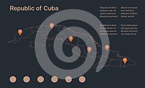 Infographics Cuba map outline, flat design, color blue orange