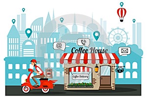Infographics. Delivery of coffee to the office by courier. Order, purchase through the Internet