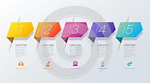 Timeline infographics design vector and business icons with 5 options.