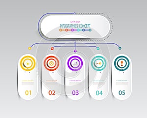 Infographics element label design with icon and 5 option or step