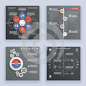 Infographics Elements Symbols and Icons World Map Timeline Vintage Retro Style Design Template on Stylish Abstract Gears