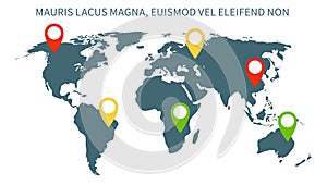 Infographics elements. World map with with colorful location pins on continents, international business presentation