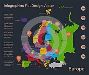 Infographics Europe map, flat design colors, with names of individual states, blue background with orange points