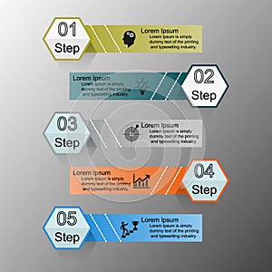 Infographics on five steps from rectangles and hexagons