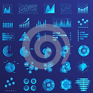 Infographics flat neon light illustrations set. Graph arrow growth color icon. Data analysis, statistics analyzing