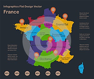 Infographics France map, flat design colors, with names of individual states, blue background with orange points