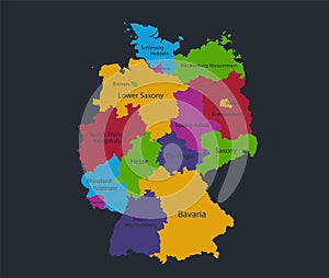 Infographics Germany map, flat design colors, with names of individual division
