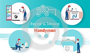 Infographics of handyman repair and service job. Fixing and maintenance household equipments, washing machine, plumbling, air